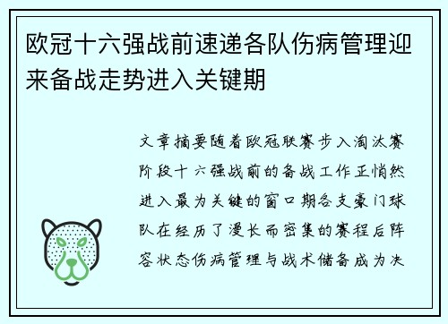 欧冠十六强战前速递各队伤病管理迎来备战走势进入关键期